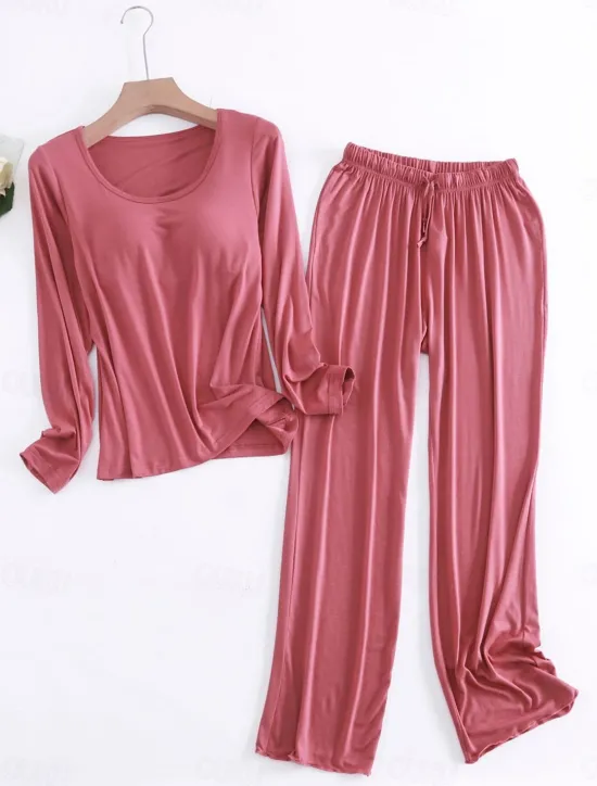Sale Women's Pajamas Sets Pure Color Casual Comfort Home Bed Modal Breathable Crew Neck Long Sleeve Shirt Pant Fall Winter Home Outfits Women Pajama-Setter