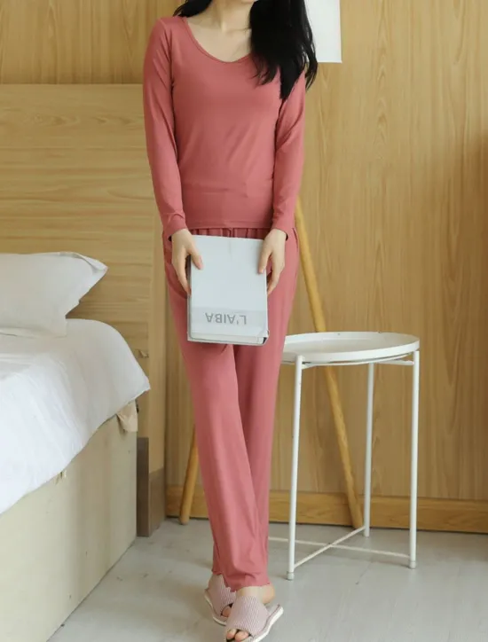 Sale Women's Pajamas Sets Pure Color Casual Comfort Home Bed Modal Breathable Crew Neck Long Sleeve Shirt Pant Fall Winter Home Outfits Women Pajama-Setter