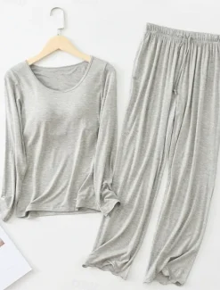 Sale Women's Pajamas Sets Pure Color Casual Comfort Home Bed Modal Breathable Crew Neck Long Sleeve Shirt Pant Fall Winter Home Outfits Women Pajama-Setter
