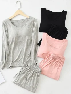 Sale Women's Pajamas Sets Pure Color Casual Comfort Home Bed Modal Breathable Crew Neck Long Sleeve Shirt Pant Fall Winter Home Outfits Women Pajama-Setter