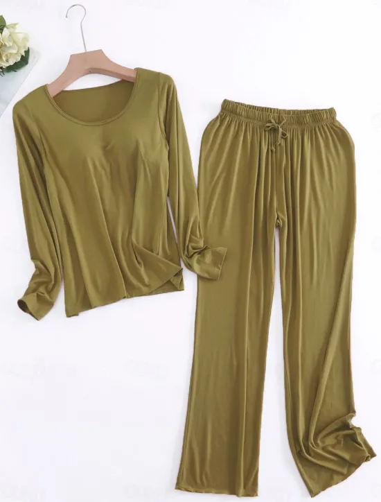 Sale Women's Pajamas Sets Pure Color Casual Comfort Home Bed Modal Breathable Crew Neck Long Sleeve Shirt Pant Fall Winter Home Outfits Women Pajama-Setter