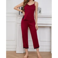 Sale Women's Pajamas Sets Pure Color Comfort Home Daily Bed Breathable Strap Top Pant Summer Home Outfits Women Pajama-Setter