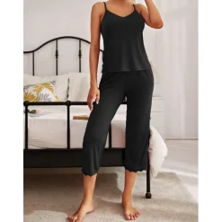 Sale Women's Pajamas Sets Pure Color Comfort Home Daily Bed Breathable Strap Top Pant Summer Home Outfits Women Pajama-Setter