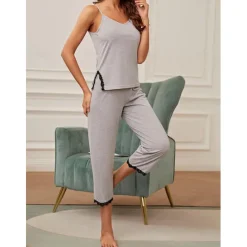 Sale Women's Pajamas Sets Pure Color Comfort Home Daily Bed Breathable Strap Top Pant Summer Home Outfits Women Pajama-Setter
