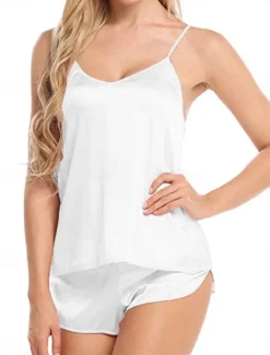 Best Women's Pajamas Sets Pure Color Fashion Casual Soft Home Daily Bed Satin Silk Breathable Straps Short Sleeve Strap Top Pant Summer Fall Home Outfits Women Pajama-Setter