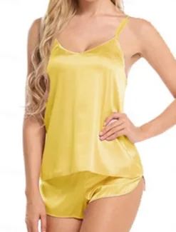 Best Women's Pajamas Sets Pure Color Fashion Casual Soft Home Daily Bed Satin Silk Breathable Straps Short Sleeve Strap Top Pant Summer Fall Home Outfits Women Pajama-Setter