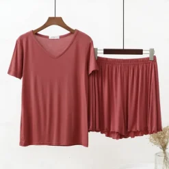 New Women's Pajamas Sets Pure Color Fashion Comfort Home Daily Bed Modal Breathable V Wire Short Sleeve T shirt Tee Shorts Elastic Waist Summer Spring Home Outfits Women Pajama-Setter