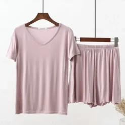 New Women's Pajamas Sets Pure Color Fashion Comfort Home Daily Bed Modal Breathable V Wire Short Sleeve T shirt Tee Shorts Elastic Waist Summer Spring Home Outfits Women Pajama-Setter