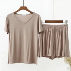 New Women's Pajamas Sets Pure Color Fashion Comfort Home Daily Bed Modal Breathable V Wire Short Sleeve T shirt Tee Shorts Elastic Waist Summer Spring Home Outfits Women Pajama-Setter