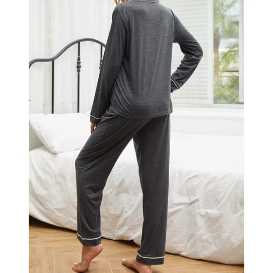 Outlet Women's Pajamas Sets Pure Color Fashion Basic Comfort Home Daily Bed Breathable Lapel Long Sleeve Shirt Pant Button Pocket Fall Winter Home Outfits Women Pajama-Setter
