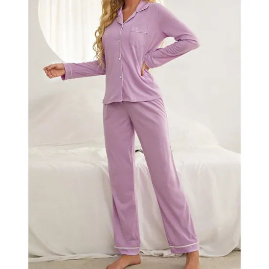 Outlet Women's Pajamas Sets Pure Color Fashion Basic Comfort Home Daily Bed Breathable Lapel Long Sleeve Shirt Pant Button Pocket Fall Winter Home Outfits Women Pajama-Setter