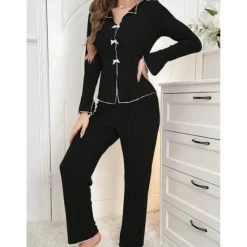 Sale Women's Pajamas Sets Pure Color Fashion Comfort Home Daily Bed Knit Breathable V Wire Long Sleeve Sweater Pant Elastic Waist Fall Winter Home Outfits Women Pajama-Setter