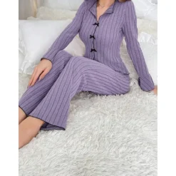 Sale Women's Pajamas Sets Pure Color Fashion Comfort Home Daily Bed Knit Breathable V Wire Long Sleeve Sweater Pant Elastic Waist Fall Winter Home Outfits Women Pajama-Setter