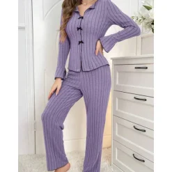 Sale Women's Pajamas Sets Pure Color Fashion Comfort Home Daily Bed Knit Breathable V Wire Long Sleeve Sweater Pant Elastic Waist Fall Winter Home Outfits Women Pajama-Setter