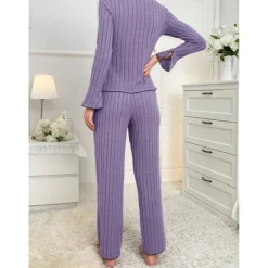 Sale Women's Pajamas Sets Pure Color Fashion Comfort Home Daily Bed Knit Breathable V Wire Long Sleeve Sweater Pant Elastic Waist Fall Winter Home Outfits Women Pajama-Setter