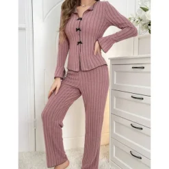 Sale Women's Pajamas Sets Pure Color Fashion Comfort Home Daily Bed Knit Breathable V Wire Long Sleeve Sweater Pant Elastic Waist Fall Winter Home Outfits Women Pajama-Setter