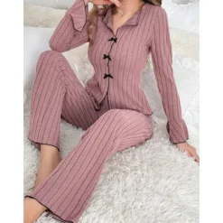 Sale Women's Pajamas Sets Pure Color Fashion Comfort Home Daily Bed Knit Breathable V Wire Long Sleeve Sweater Pant Elastic Waist Fall Winter Home Outfits Women Pajama-Setter