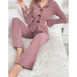Sale Women's Pajamas Sets Pure Color Fashion Comfort Home Daily Bed Knit Breathable V Wire Long Sleeve Sweater Pant Elastic Waist Fall Winter Home Outfits Women Pajama-Setter