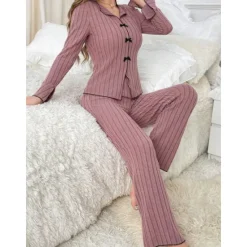 Sale Women's Pajamas Sets Pure Color Fashion Comfort Home Daily Bed Knit Breathable V Wire Long Sleeve Sweater Pant Elastic Waist Fall Winter Home Outfits Women Pajama-Setter