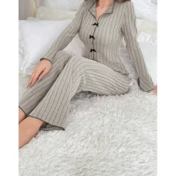 Sale Women's Pajamas Sets Pure Color Fashion Comfort Home Daily Bed Knit Breathable V Wire Long Sleeve Sweater Pant Elastic Waist Fall Winter Home Outfits Women Pajama-Setter