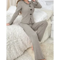 Sale Women's Pajamas Sets Pure Color Fashion Comfort Home Daily Bed Knit Breathable V Wire Long Sleeve Sweater Pant Elastic Waist Fall Winter Home Outfits Women Pajama-Setter