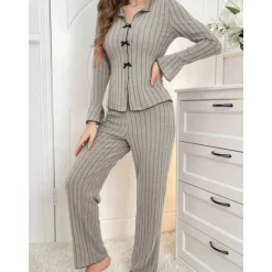 Sale Women's Pajamas Sets Pure Color Fashion Comfort Home Daily Bed Knit Breathable V Wire Long Sleeve Sweater Pant Elastic Waist Fall Winter Home Outfits Women Pajama-Setter