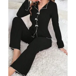 Sale Women's Pajamas Sets Pure Color Fashion Comfort Home Daily Bed Knit Breathable V Wire Long Sleeve Sweater Pant Elastic Waist Fall Winter Home Outfits Women Pajama-Setter