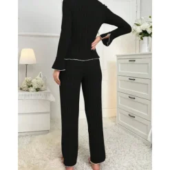 Sale Women's Pajamas Sets Pure Color Fashion Comfort Home Daily Bed Knit Breathable V Wire Long Sleeve Sweater Pant Elastic Waist Fall Winter Home Outfits Women Pajama-Setter