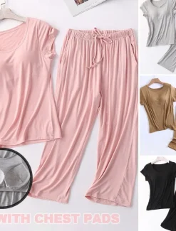 Sale Women's Pajamas Sets Pure Color Simple Comfort Home Daily Bed Modal Breathable Crew Neck Short Sleeve T shirt Tee Pant Chest pads Summer Home Outfits Women Pajama-Setter