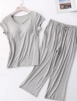 Sale Women's Pajamas Sets Pure Color Simple Comfort Home Daily Bed Modal Breathable Crew Neck Short Sleeve T shirt Tee Pant Chest pads Summer Home Outfits Women Pajama-Setter