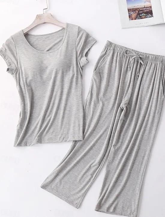 Sale Women's Pajamas Sets Pure Color Simple Comfort Home Daily Bed Modal Breathable Crew Neck Short Sleeve T shirt Tee Pant Chest pads Summer Home Outfits Women Pajama-Setter