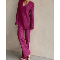 Discount Women's Pajamas Sets Pure Color Fashion Basic Comfort Home Daily Bed Knit Breathable V Wire Long Sleeve Sweater Pant Button Elastic Waist Fall Winter Home Outfits Women Pajama-Setter
