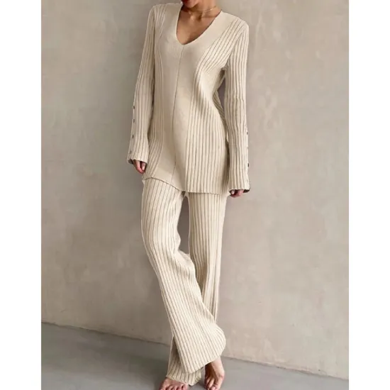 Discount Women's Pajamas Sets Pure Color Fashion Basic Comfort Home Daily Bed Knit Breathable V Wire Long Sleeve Sweater Pant Button Elastic Waist Fall Winter Home Outfits Women Pajama-Setter