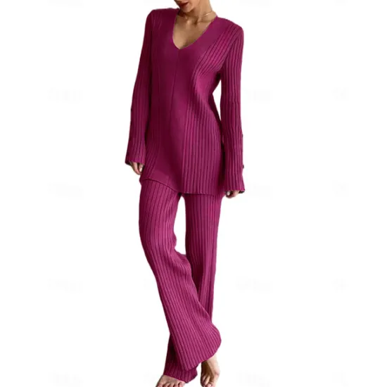 Discount Women's Pajamas Sets Pure Color Fashion Basic Comfort Home Daily Bed Knit Breathable V Wire Long Sleeve Sweater Pant Button Elastic Waist Fall Winter Home Outfits Women Pajama-Setter