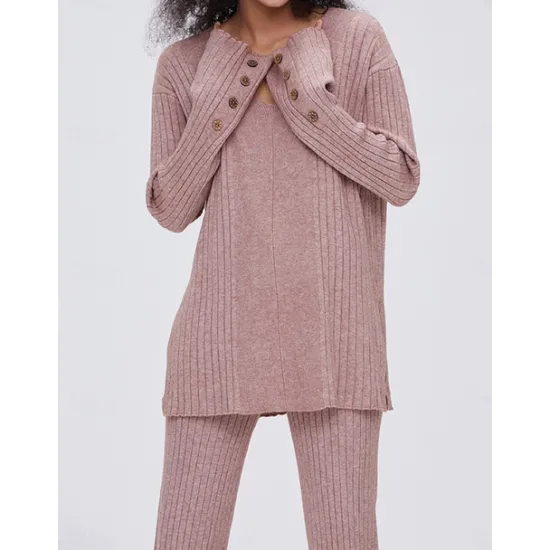 Discount Women's Pajamas Sets Pure Color Fashion Basic Comfort Home Daily Bed Knit Breathable V Wire Long Sleeve Sweater Pant Button Elastic Waist Fall Winter Home Outfits Women Pajama-Setter
