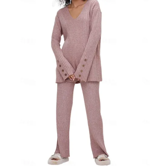 Discount Women's Pajamas Sets Pure Color Fashion Basic Comfort Home Daily Bed Knit Breathable V Wire Long Sleeve Sweater Pant Button Elastic Waist Fall Winter Home Outfits Women Pajama-Setter