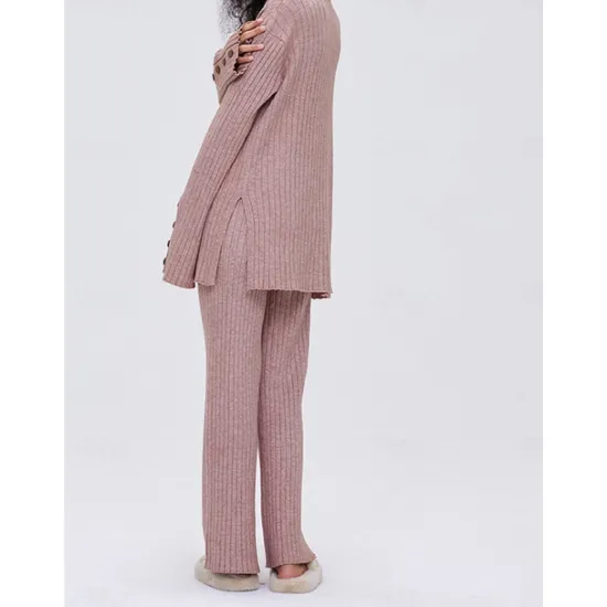 Discount Women's Pajamas Sets Pure Color Fashion Basic Comfort Home Daily Bed Knit Breathable V Wire Long Sleeve Sweater Pant Button Elastic Waist Fall Winter Home Outfits Women Pajama-Setter