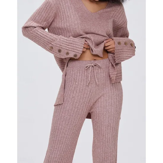 Discount Women's Pajamas Sets Pure Color Fashion Basic Comfort Home Daily Bed Knit Breathable V Wire Long Sleeve Sweater Pant Button Elastic Waist Fall Winter Home Outfits Women Pajama-Setter