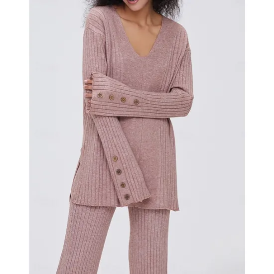 Discount Women's Pajamas Sets Pure Color Fashion Basic Comfort Home Daily Bed Knit Breathable V Wire Long Sleeve Sweater Pant Button Elastic Waist Fall Winter Home Outfits Women Pajama-Setter