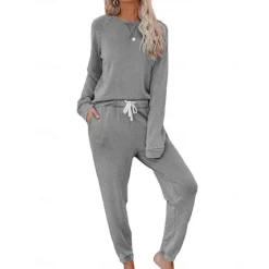 Sale Women's Pajamas Sets Pure Color Fashion Basic Comfort Home Daily Bed Breathable Crew Neck Long Sleeve Pant Pocket Elastic Waist Fall Winter Home Outfits Women Pajama-Setter
