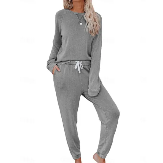 Sale Women's Pajamas Sets Pure Color Fashion Basic Comfort Home Daily Bed Breathable Crew Neck Long Sleeve Pant Pocket Elastic Waist Fall Winter Home Outfits Women Pajama-Setter