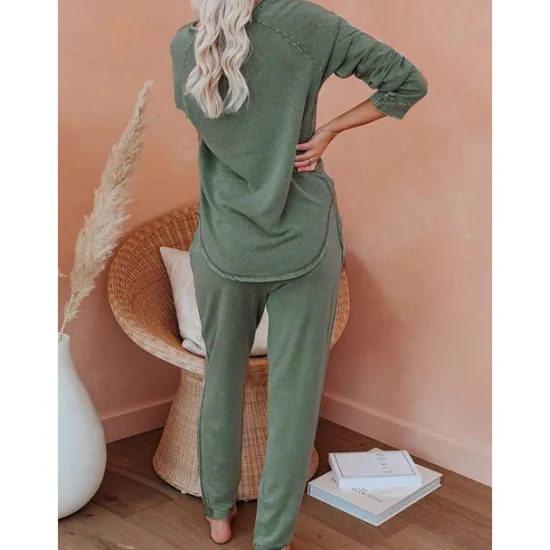 Sale Women's Pajamas Sets Pure Color Fashion Basic Comfort Home Daily Bed Breathable Crew Neck Long Sleeve Pant Pocket Elastic Waist Fall Winter Home Outfits Women Pajama-Setter