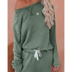 Sale Women's Pajamas Sets Pure Color Fashion Basic Comfort Home Daily Bed Breathable Crew Neck Long Sleeve Pant Pocket Elastic Waist Fall Winter Home Outfits Women Pajama-Setter