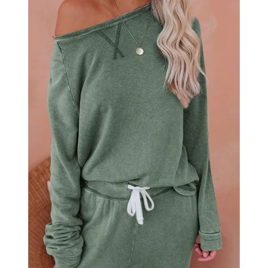 Sale Women's Pajamas Sets Pure Color Fashion Basic Comfort Home Daily Bed Breathable Crew Neck Long Sleeve Pant Pocket Elastic Waist Fall Winter Home Outfits Women Pajama-Setter