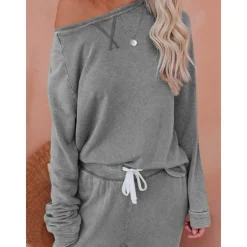 Sale Women's Pajamas Sets Pure Color Fashion Basic Comfort Home Daily Bed Breathable Crew Neck Long Sleeve Pant Pocket Elastic Waist Fall Winter Home Outfits Women Pajama-Setter