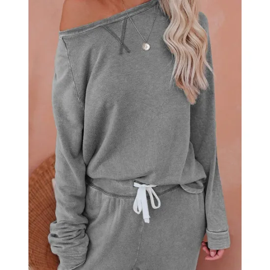 Sale Women's Pajamas Sets Pure Color Fashion Basic Comfort Home Daily Bed Breathable Crew Neck Long Sleeve Pant Pocket Elastic Waist Fall Winter Home Outfits Women Pajama-Setter