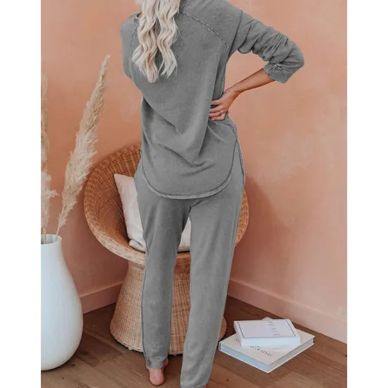 Sale Women's Pajamas Sets Pure Color Fashion Basic Comfort Home Daily Bed Breathable Crew Neck Long Sleeve Pant Pocket Elastic Waist Fall Winter Home Outfits Women Pajama-Setter