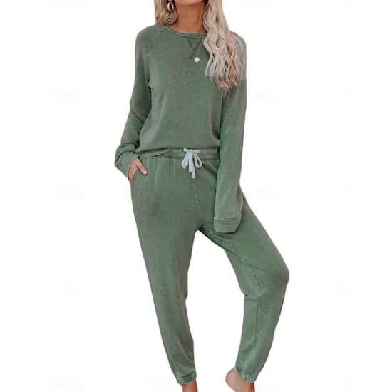 Sale Women's Pajamas Sets Pure Color Fashion Basic Comfort Home Daily Bed Breathable Crew Neck Long Sleeve Pant Pocket Elastic Waist Fall Winter Home Outfits Women Pajama-Setter