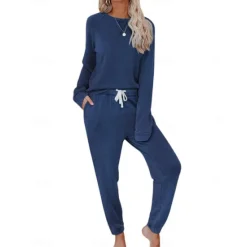 Sale Women's Pajamas Sets Pure Color Fashion Basic Comfort Home Daily Bed Breathable Crew Neck Long Sleeve Pant Pocket Elastic Waist Fall Winter Home Outfits Women Pajama-Setter