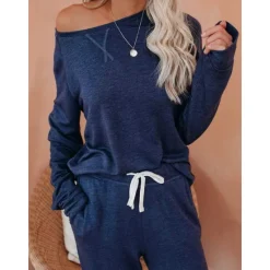 Sale Women's Pajamas Sets Pure Color Fashion Basic Comfort Home Daily Bed Breathable Crew Neck Long Sleeve Pant Pocket Elastic Waist Fall Winter Home Outfits Women Pajama-Setter